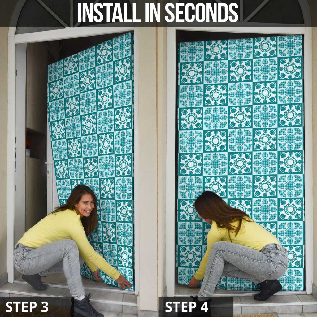 Cyan Palaka Quilt Hawaii Door Cover Hawaiian Tropical Monstera Sea Turtle