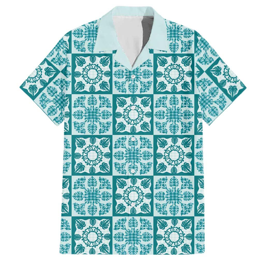 Cyan Palaka Quilt Hawaii Family Matching Mermaid Dress and Hawaiian Shirt Hawaiian Tropical Monstera Sea Turtle LT14 Dad's Shirt - Short Sleeve Cyan - Polynesian Pride