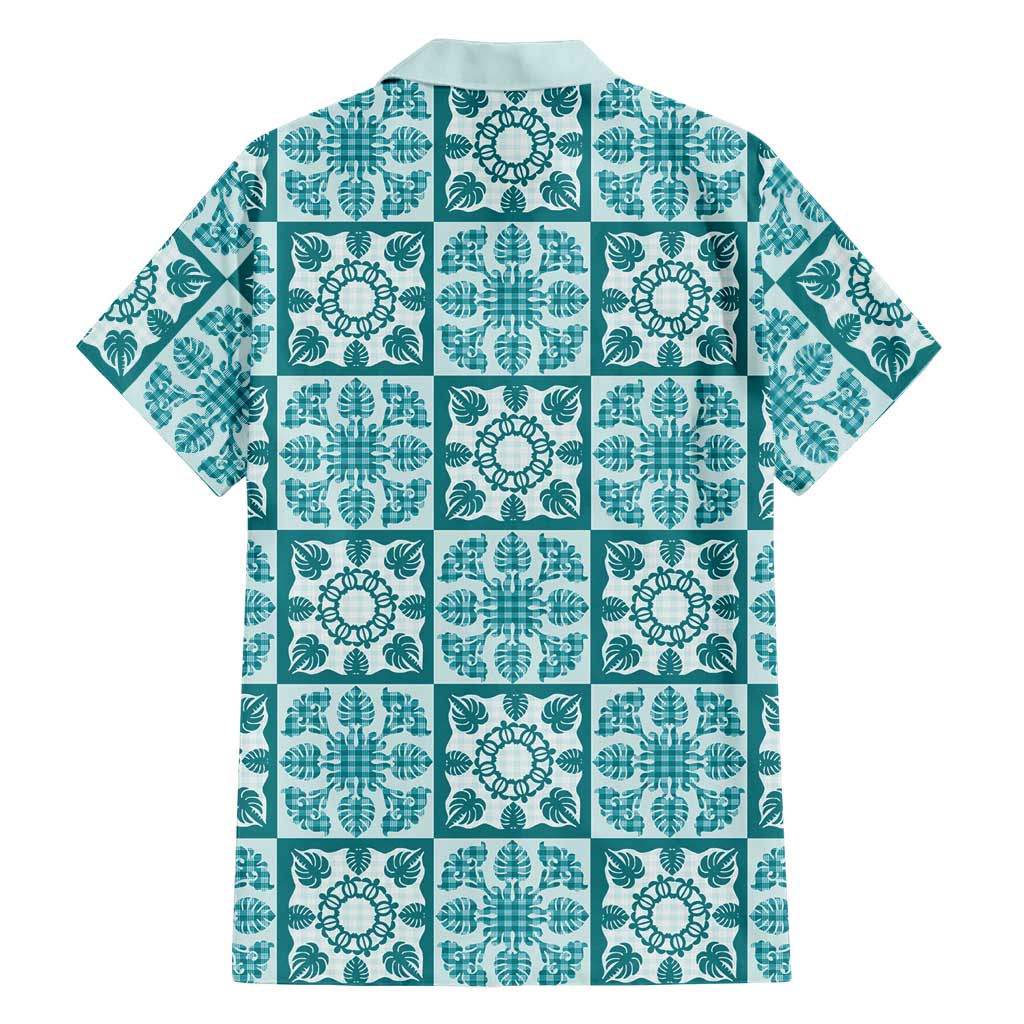 Cyan Palaka Quilt Hawaii Family Matching Mermaid Dress and Hawaiian Shirt Hawaiian Tropical Monstera Sea Turtle LT14 - Polynesian Pride