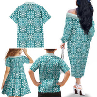 Cyan Palaka Quilt Hawaii Family Matching Off The Shoulder Long Sleeve Dress and Hawaiian Shirt Hawaiian Tropical Monstera Sea Turtle LT14 - Polynesian Pride