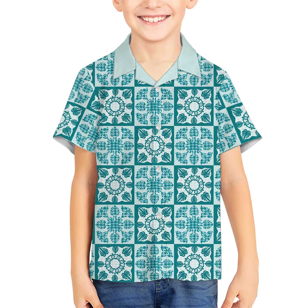Cyan Palaka Quilt Hawaii Family Matching Off The Shoulder Long Sleeve Dress and Hawaiian Shirt Hawaiian Tropical Monstera Sea Turtle LT14 Son's Shirt Cyan - Polynesian Pride
