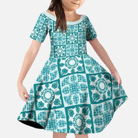 Cyan Palaka Quilt Hawaii Family Matching Off Shoulder Maxi Dress and Hawaiian Shirt Hawaiian Tropical Monstera Sea Turtle LT14 Daughter's Dress Cyan - Polynesian Pride
