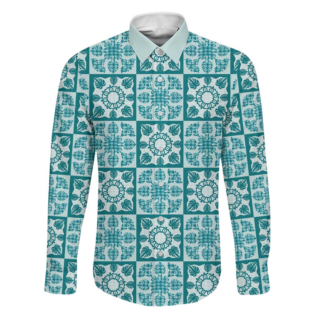 Cyan Palaka Quilt Hawaii Family Matching Off Shoulder Maxi Dress and Hawaiian Shirt Hawaiian Tropical Monstera Sea Turtle LT14 Dad's Shirt - Long Sleeve Cyan - Polynesian Pride