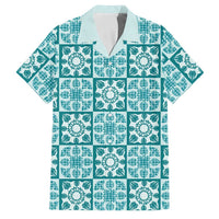 Cyan Palaka Quilt Hawaii Family Matching Off Shoulder Short Dress and Hawaiian Shirt Hawaiian Tropical Monstera Sea Turtle LT14 Dad's Shirt - Short Sleeve Cyan - Polynesian Pride