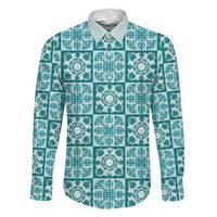 Cyan Palaka Quilt Hawaii Family Matching Off Shoulder Short Dress and Hawaiian Shirt Hawaiian Tropical Monstera Sea Turtle LT14 Dad's Shirt - Long Sleeve Cyan - Polynesian Pride