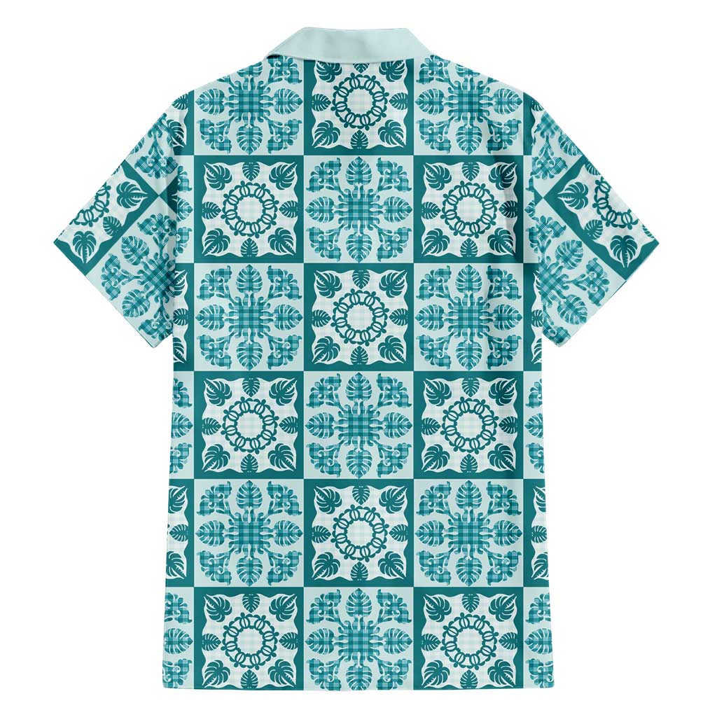 Cyan Palaka Quilt Hawaii Family Matching Summer Maxi Dress and Hawaiian Shirt Hawaiian Tropical Monstera Sea Turtle LT14 - Polynesian Pride