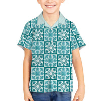 Cyan Palaka Quilt Hawaii Family Matching Summer Maxi Dress and Hawaiian Shirt Hawaiian Tropical Monstera Sea Turtle LT14 Son's Shirt Cyan - Polynesian Pride