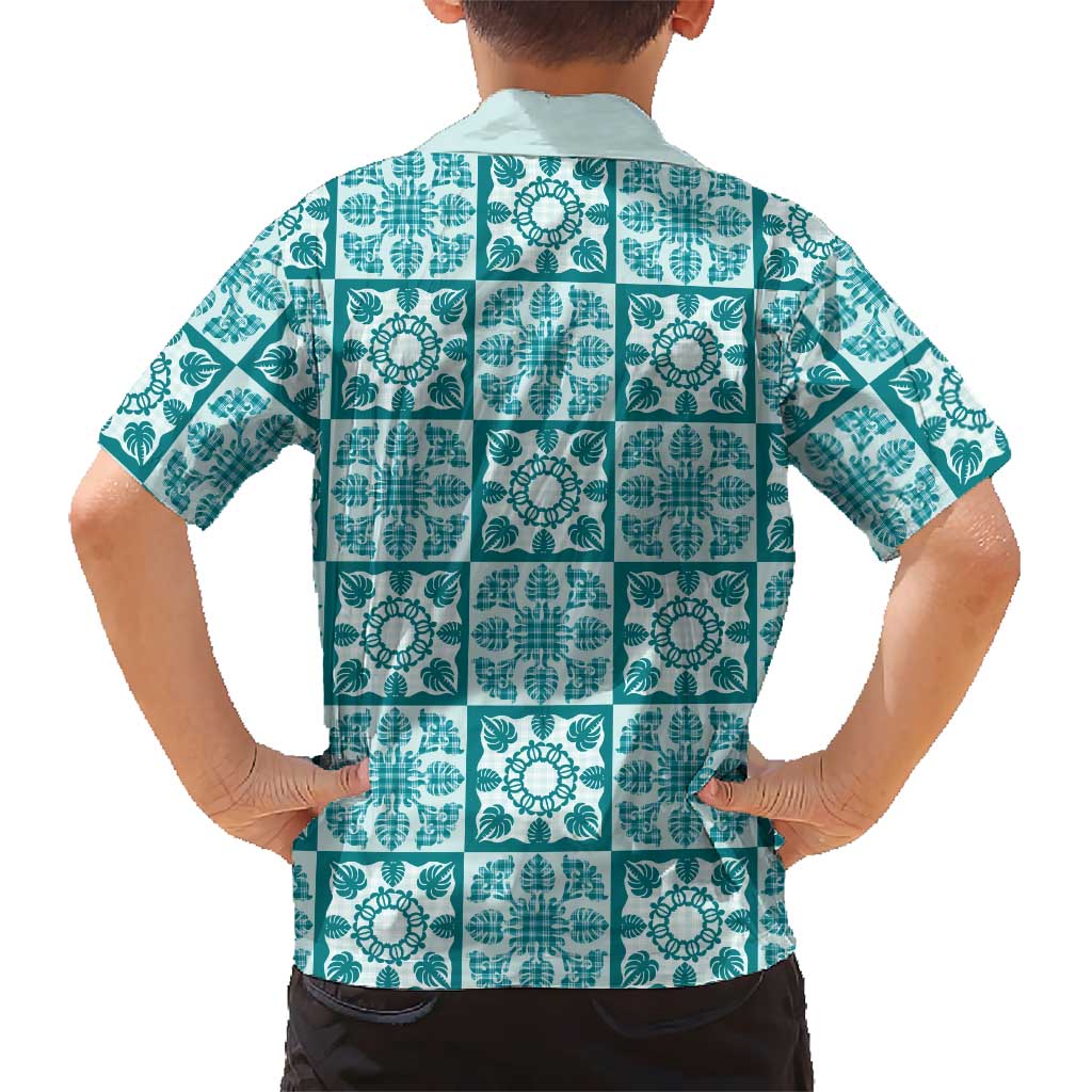 Cyan Palaka Quilt Hawaii Family Matching Tank Maxi Dress and Hawaiian Shirt Hawaiian Tropical Monstera Sea Turtle LT14 - Polynesian Pride