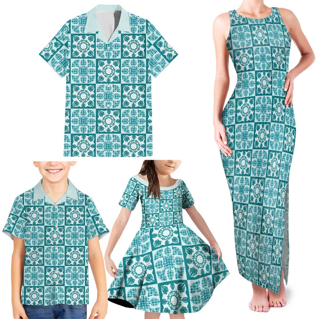 Cyan Palaka Quilt Hawaii Family Matching Tank Maxi Dress and Hawaiian Shirt Hawaiian Tropical Monstera Sea Turtle LT14 - Polynesian Pride
