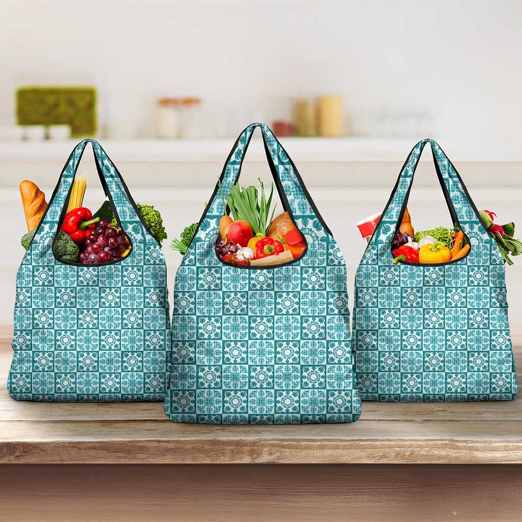 Cyan Palaka Quilt Hawaii Grocery Bag Hawaiian Tropical Monstera Sea Turtle