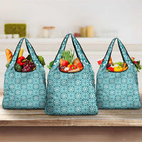 Cyan Palaka Quilt Hawaii Grocery Bag Hawaiian Tropical Monstera Sea Turtle