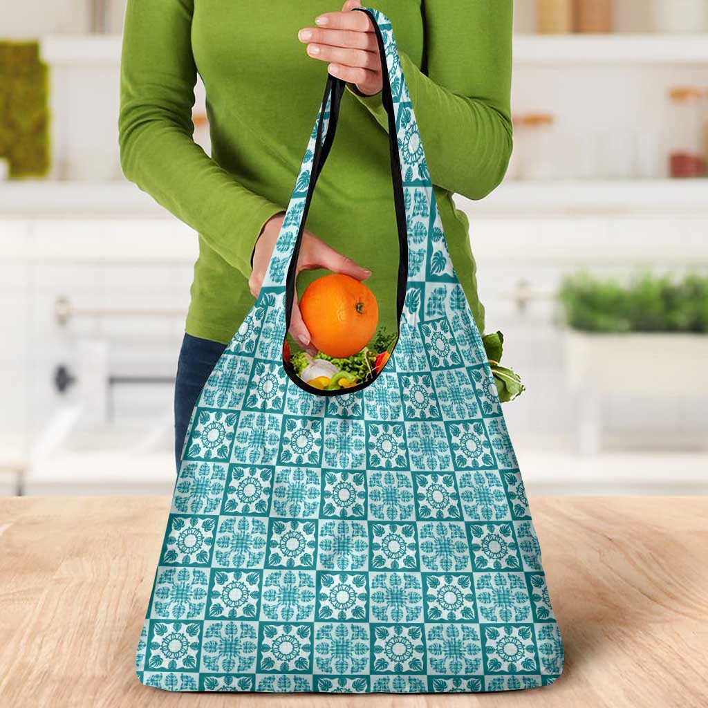Cyan Palaka Quilt Hawaii Grocery Bag Hawaiian Tropical Monstera Sea Turtle