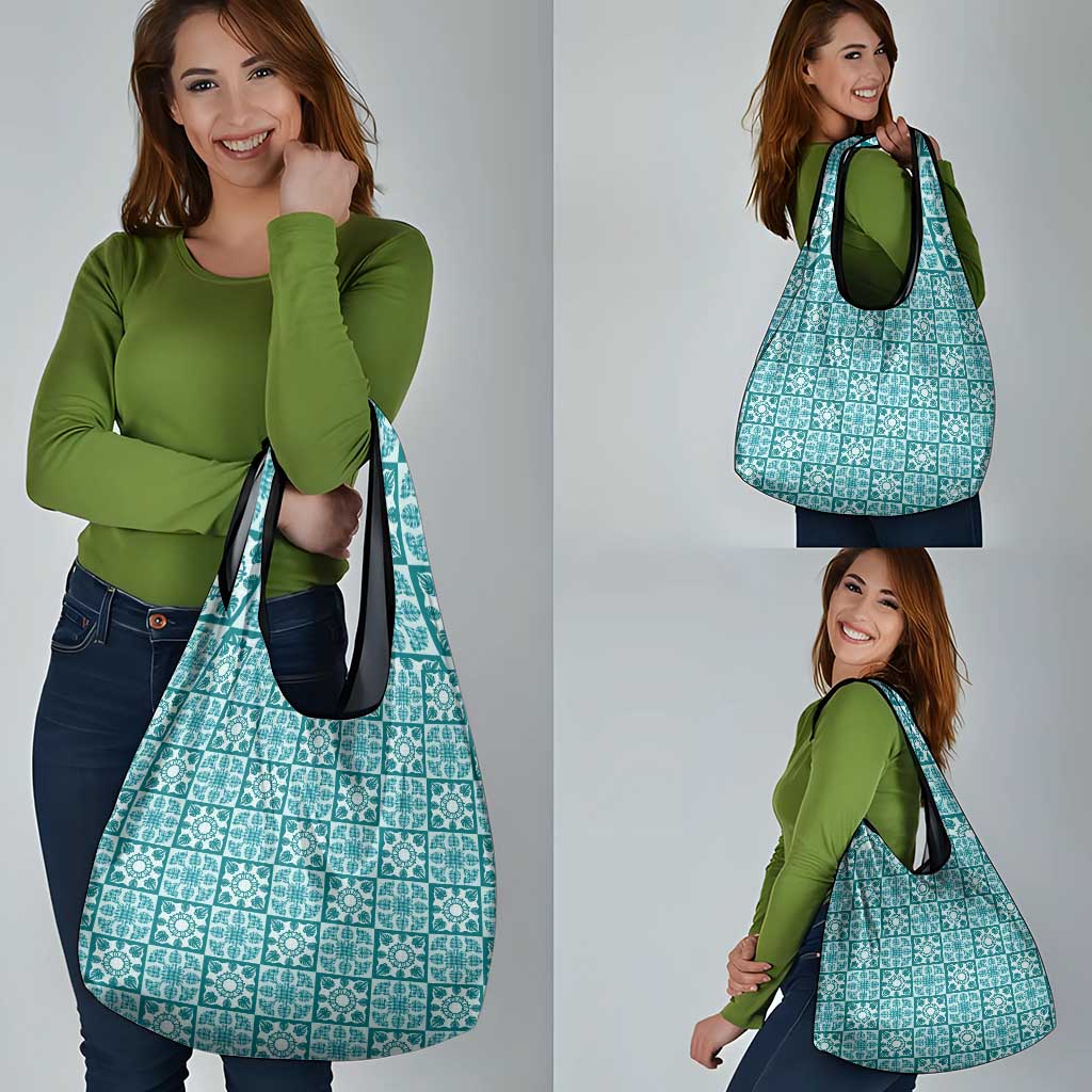 Cyan Palaka Quilt Hawaii Grocery Bag Hawaiian Tropical Monstera Sea Turtle
