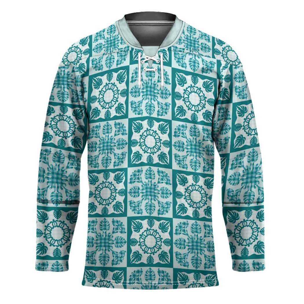 Cyan Palaka Quilt Hawaii Hockey Jersey Hawaiian Tropical Monstera Sea Turtle