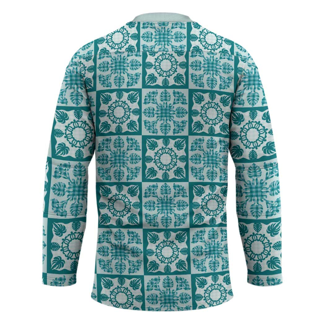 Cyan Palaka Quilt Hawaii Hockey Jersey Hawaiian Tropical Monstera Sea Turtle