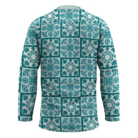 Cyan Palaka Quilt Hawaii Hockey Jersey Hawaiian Tropical Monstera Sea Turtle