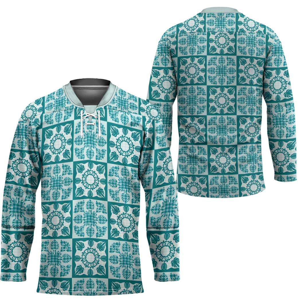 Cyan Palaka Quilt Hawaii Hockey Jersey Hawaiian Tropical Monstera Sea Turtle