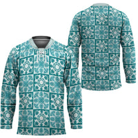 Cyan Palaka Quilt Hawaii Hockey Jersey Hawaiian Tropical Monstera Sea Turtle