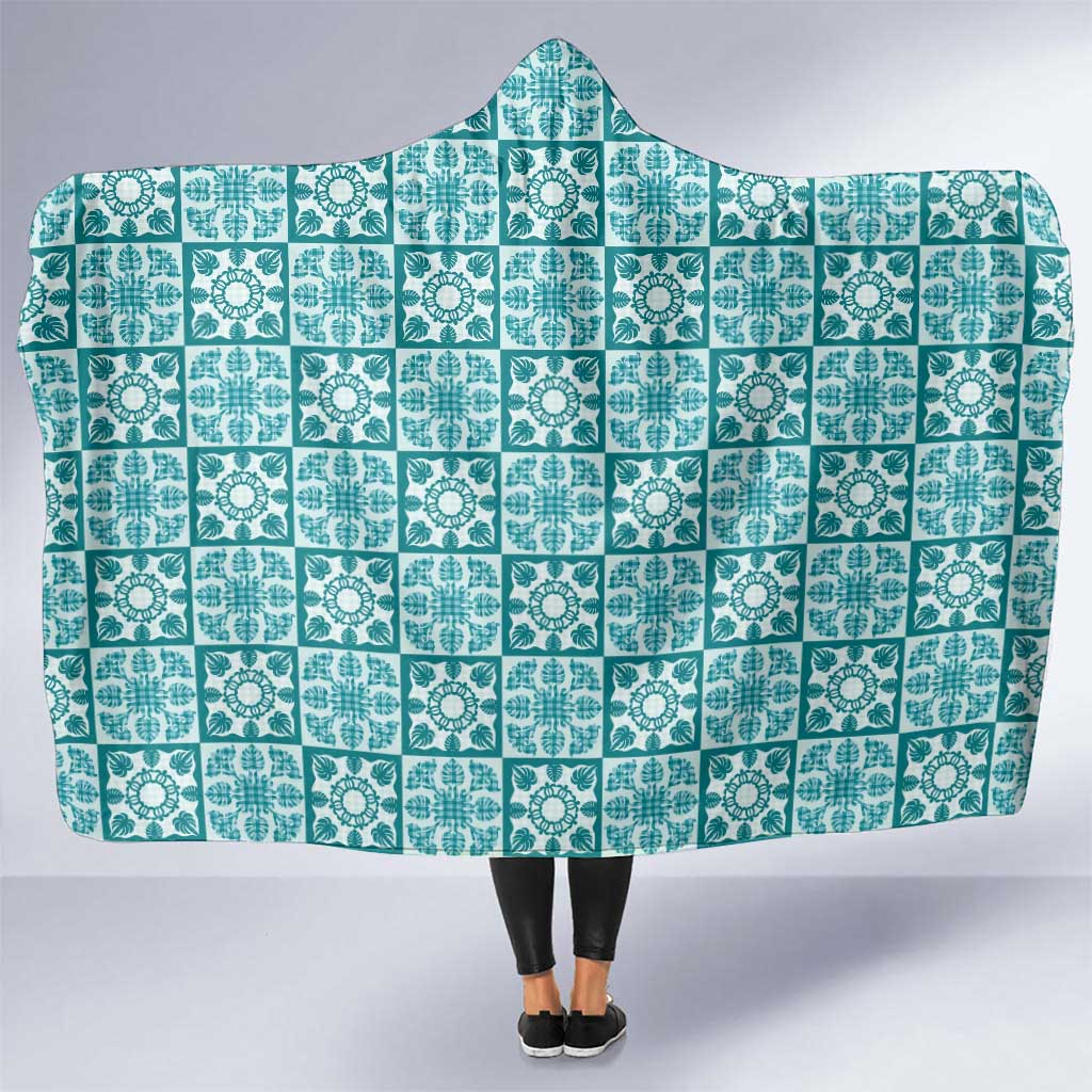 Cyan Palaka Quilt Hawaii Hooded Blanket Hawaiian Tropical Monstera Sea Turtle