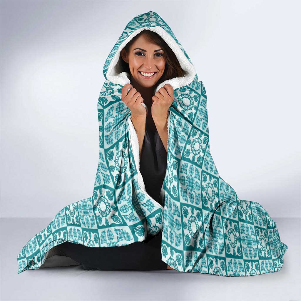 Cyan Palaka Quilt Hawaii Hooded Blanket Hawaiian Tropical Monstera Sea Turtle