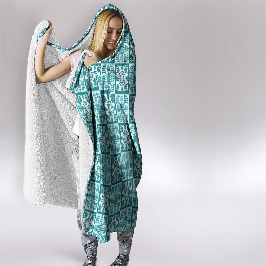 Cyan Palaka Quilt Hawaii Hooded Blanket Hawaiian Tropical Monstera Sea Turtle