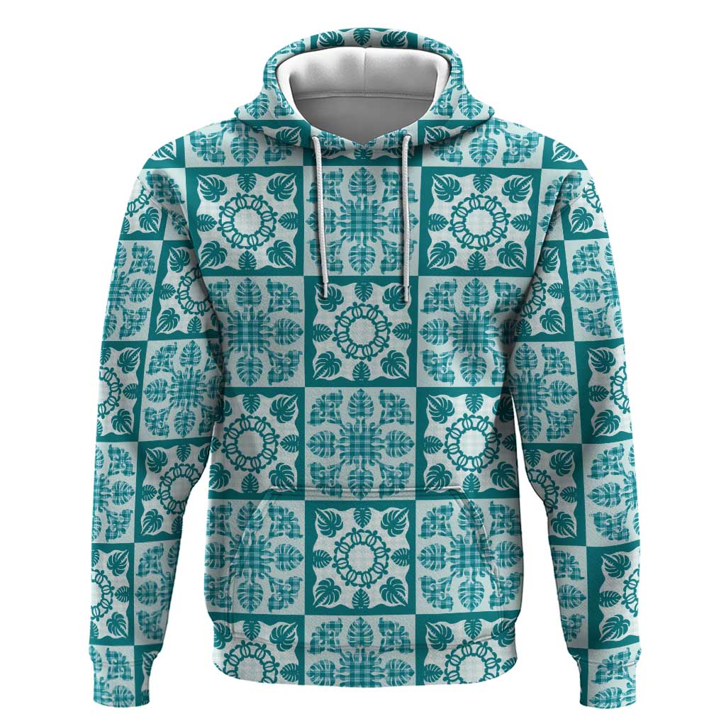 Cyan Palaka Quilt Hawaii Hoodie Hawaiian Tropical Monstera Sea Turtle