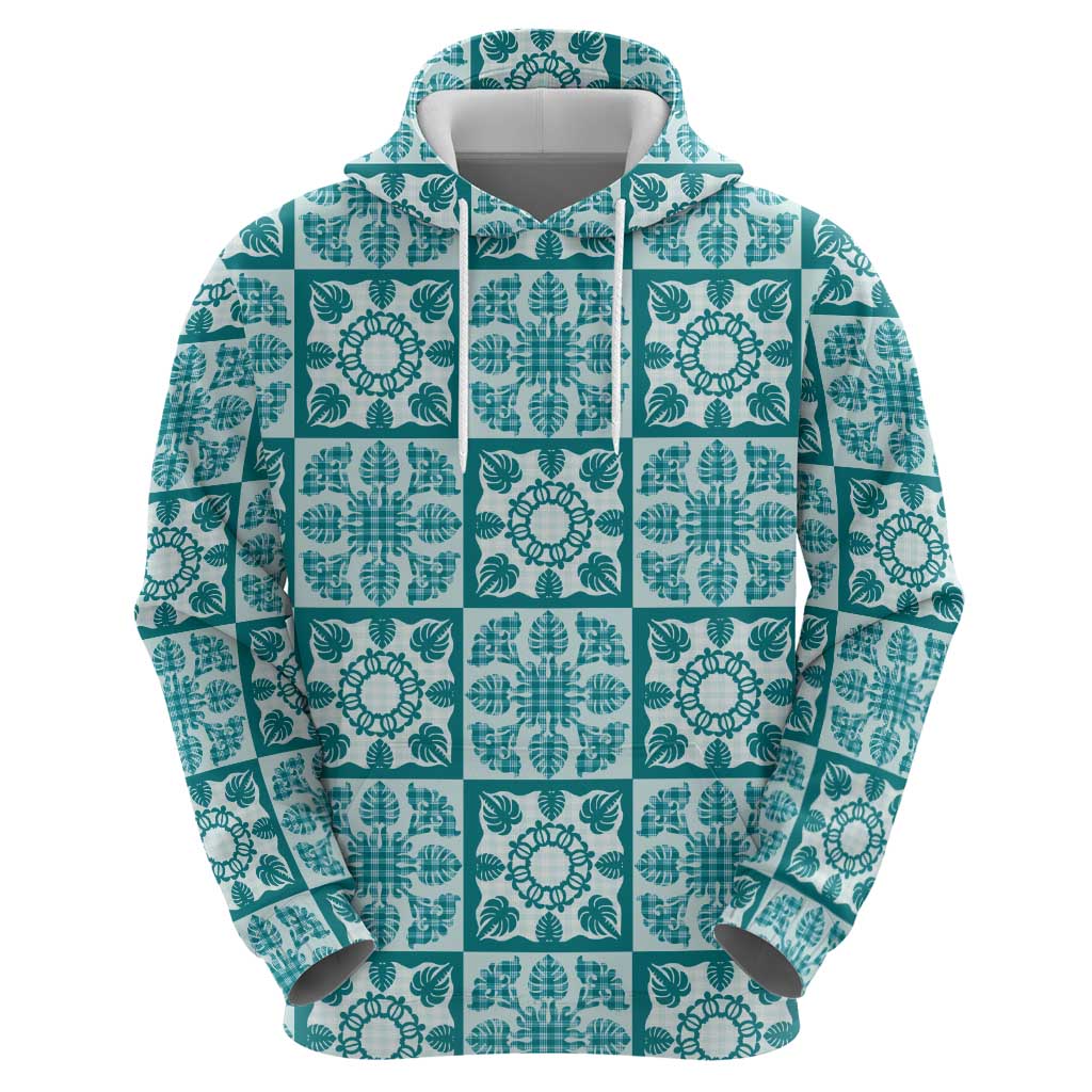 Cyan Palaka Quilt Hawaii Hoodie Hawaiian Tropical Monstera Sea Turtle