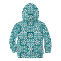 Cyan Palaka Quilt Hawaii Kid Hoodie Hawaiian Tropical Monstera Sea Turtle