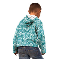 Cyan Palaka Quilt Hawaii Kid Hoodie Hawaiian Tropical Monstera Sea Turtle