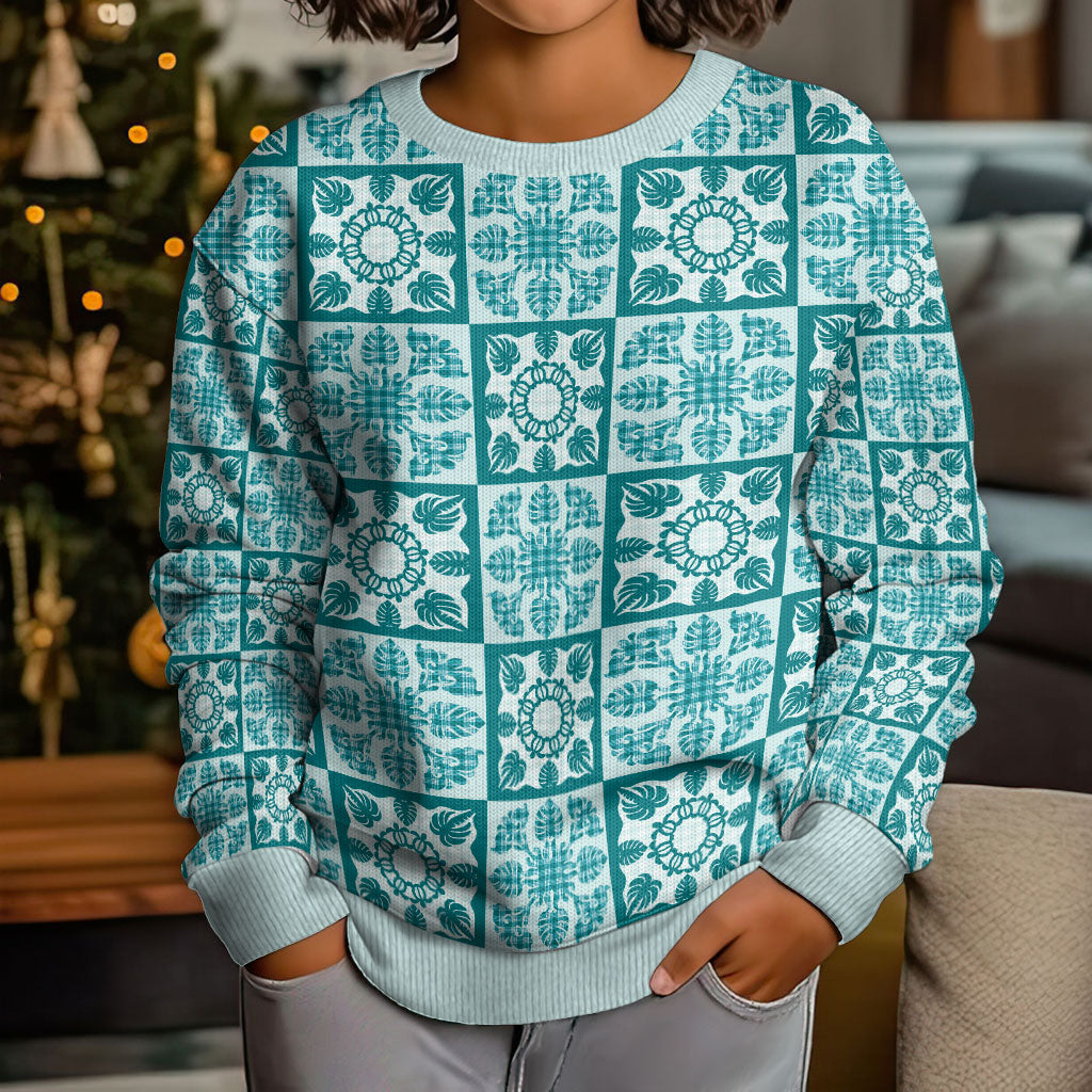 Cyan Palaka Quilt Hawaii Kid Ugly Christmas Sweater Hawaiian Tropical Monstera Sea Turtle LT14 - Polynesian Pride