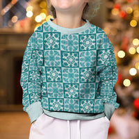 Cyan Palaka Quilt Hawaii Kid Ugly Christmas Sweater Hawaiian Tropical Monstera Sea Turtle LT14 - Polynesian Pride
