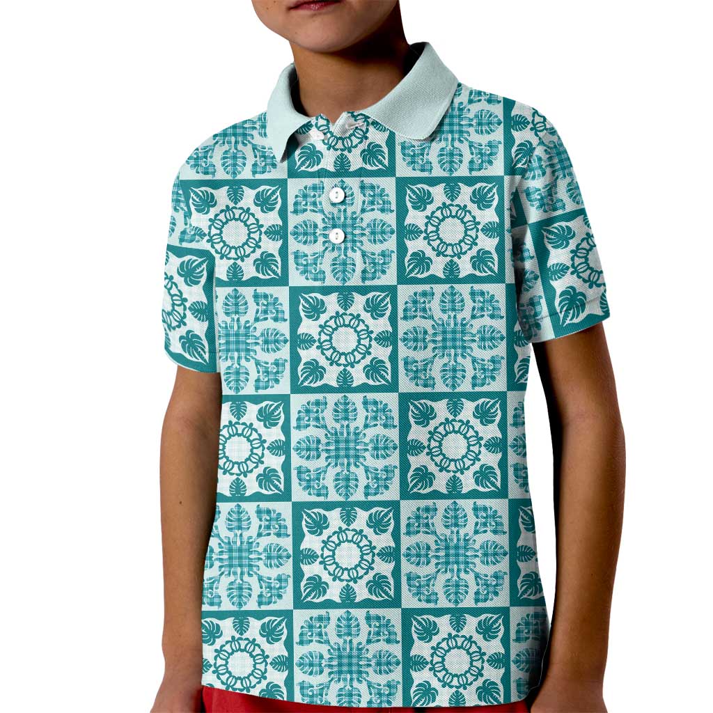 Cyan Palaka Quilt Hawaii Kid Polo Shirt Hawaiian Tropical Monstera Sea Turtle