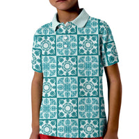 Cyan Palaka Quilt Hawaii Kid Polo Shirt Hawaiian Tropical Monstera Sea Turtle