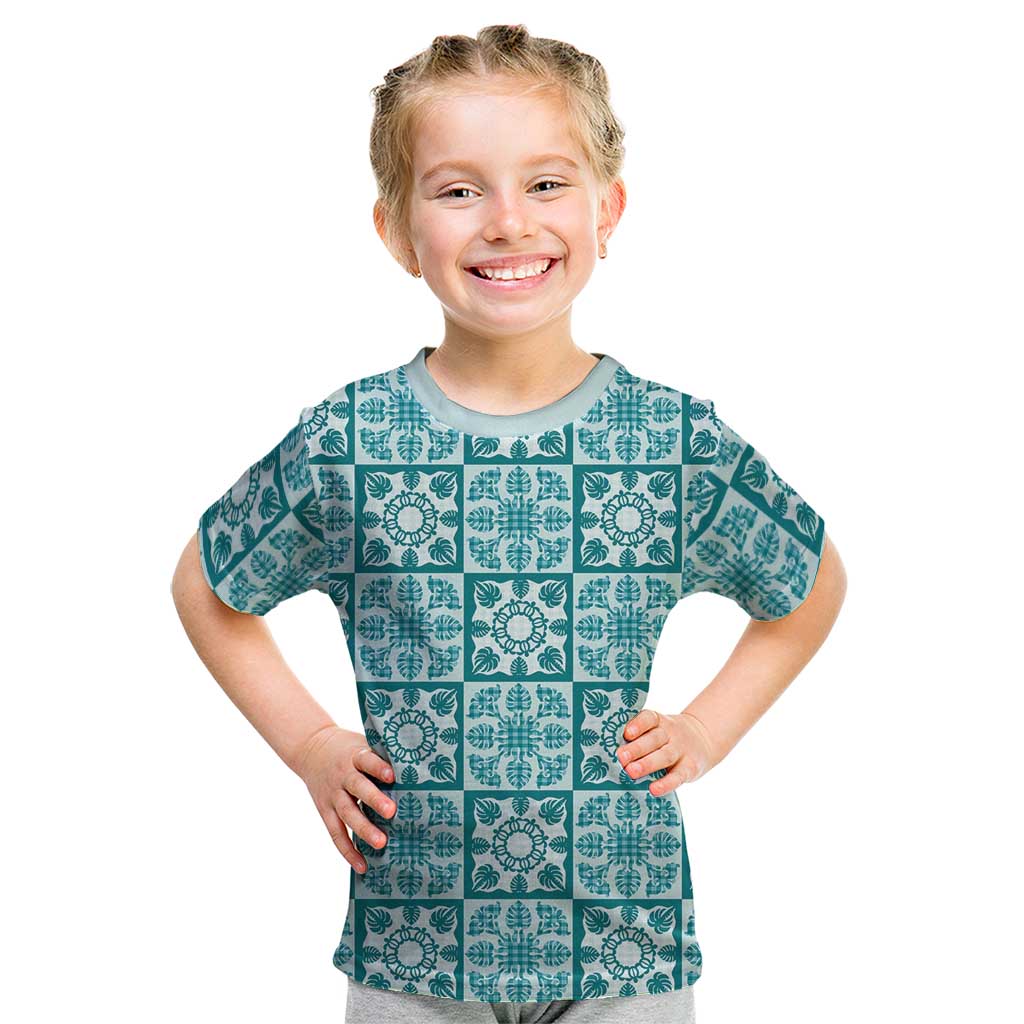 Cyan Palaka Quilt Hawaii Kid T Shirt Hawaiian Tropical Monstera Sea Turtle