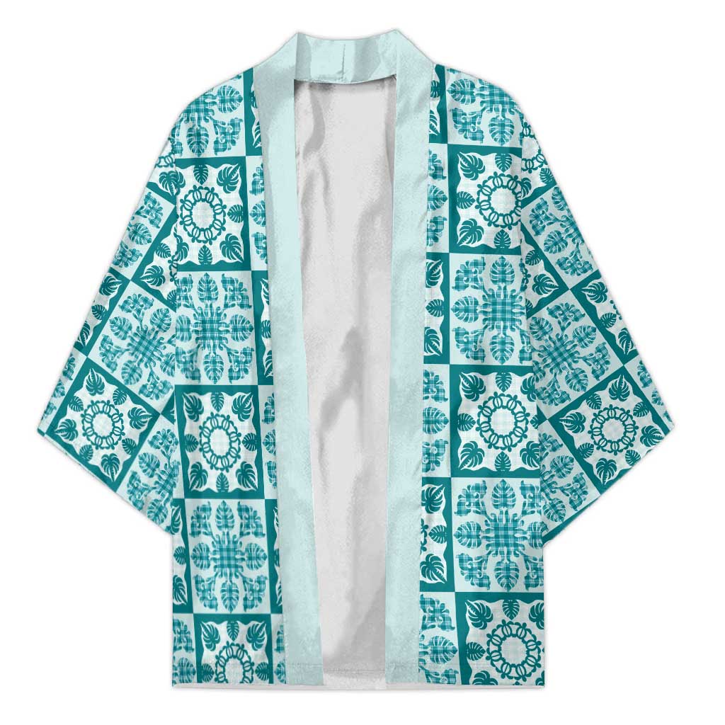 Cyan Palaka Quilt Hawaii Kimono Hawaiian Tropical Monstera Sea Turtle