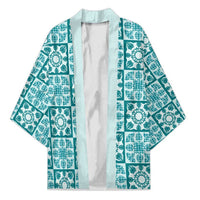 Cyan Palaka Quilt Hawaii Kimono Hawaiian Tropical Monstera Sea Turtle