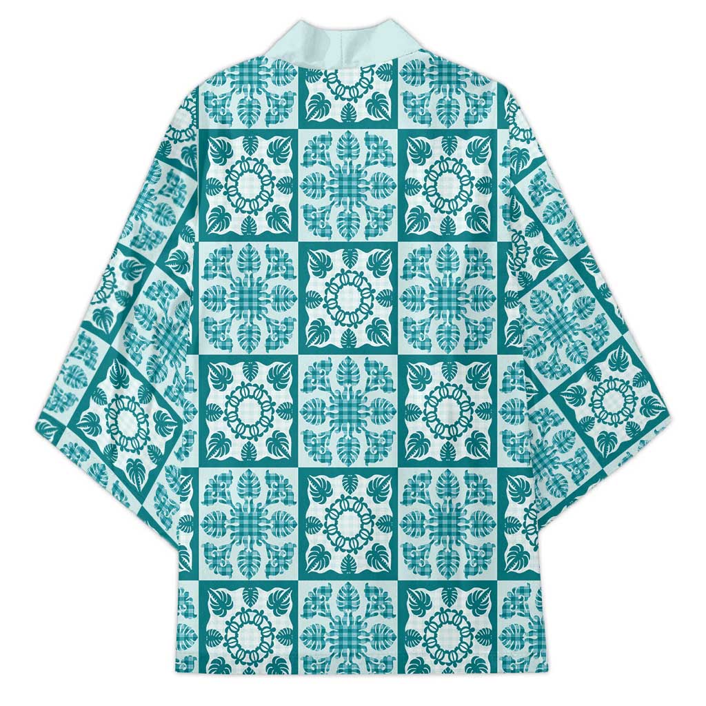 Cyan Palaka Quilt Hawaii Kimono Hawaiian Tropical Monstera Sea Turtle
