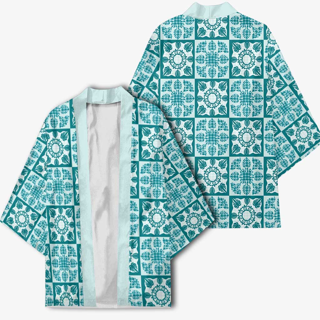 Cyan Palaka Quilt Hawaii Kimono Hawaiian Tropical Monstera Sea Turtle