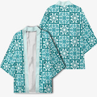 Cyan Palaka Quilt Hawaii Kimono Hawaiian Tropical Monstera Sea Turtle