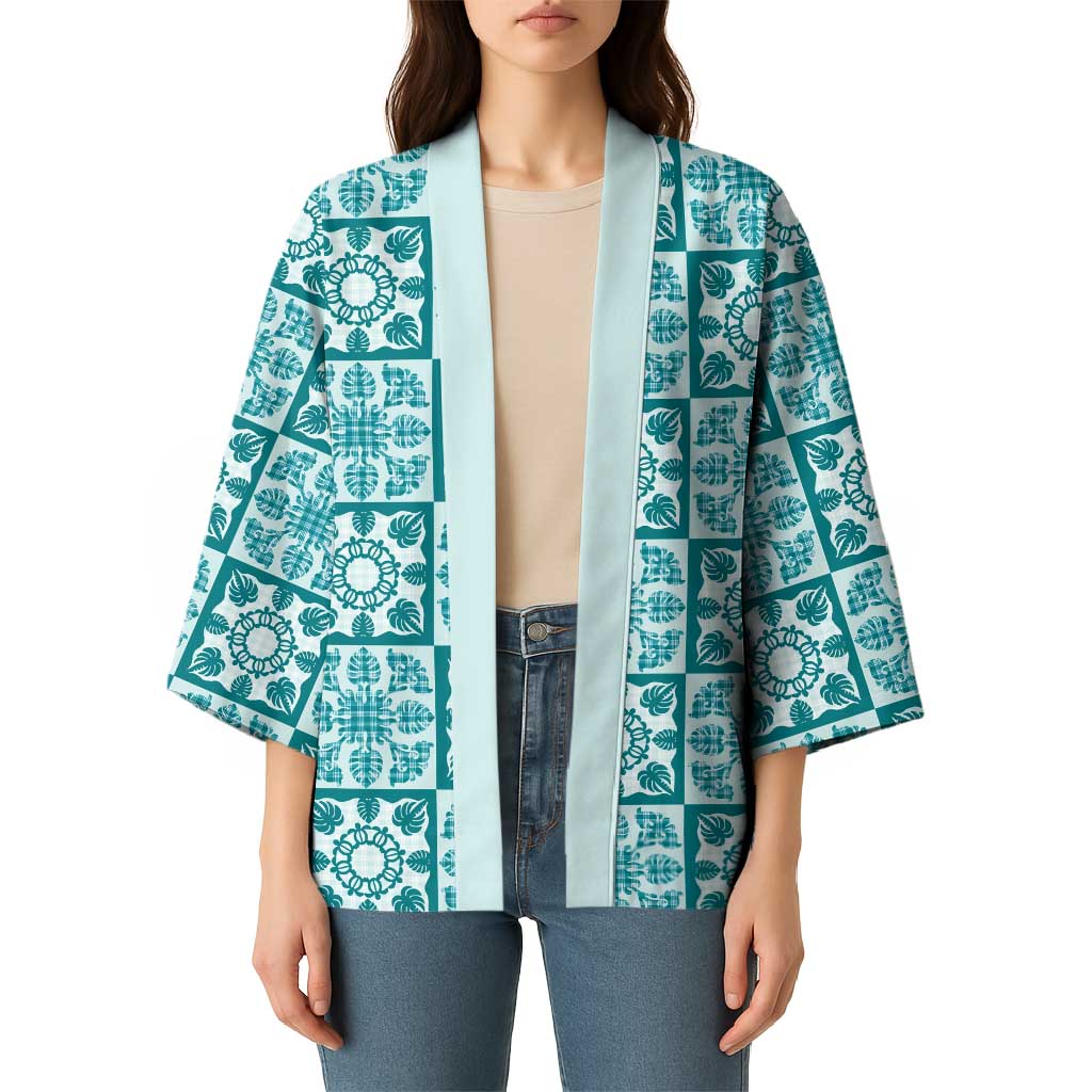 Cyan Palaka Quilt Hawaii Kimono Hawaiian Tropical Monstera Sea Turtle