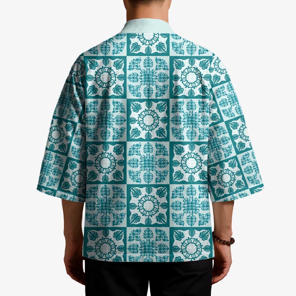 Cyan Palaka Quilt Hawaii Kimono Hawaiian Tropical Monstera Sea Turtle