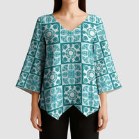 Cyan Palaka Quilt Hawaii Kimono Sleeve Blouse Hawaiian Tropical Monstera Sea Turtle