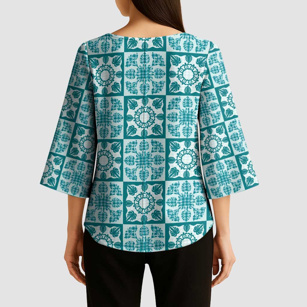 Cyan Palaka Quilt Hawaii Kimono Sleeve Blouse Hawaiian Tropical Monstera Sea Turtle