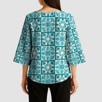 Cyan Palaka Quilt Hawaii Kimono Sleeve Blouse Hawaiian Tropical Monstera Sea Turtle