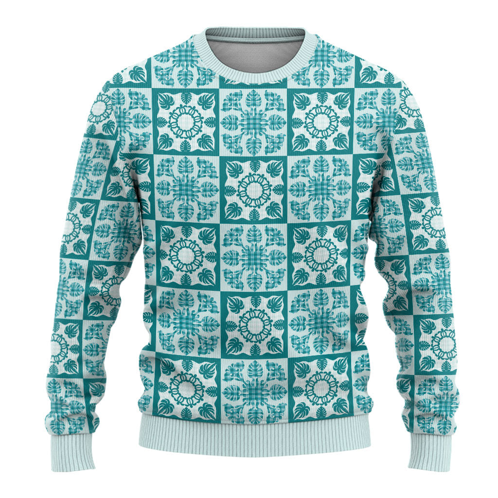 Cyan Palaka Quilt Hawaii Ugly Christmas Sweater Hawaiian Tropical Monstera Sea Turtle LT14 - Polynesian Pride