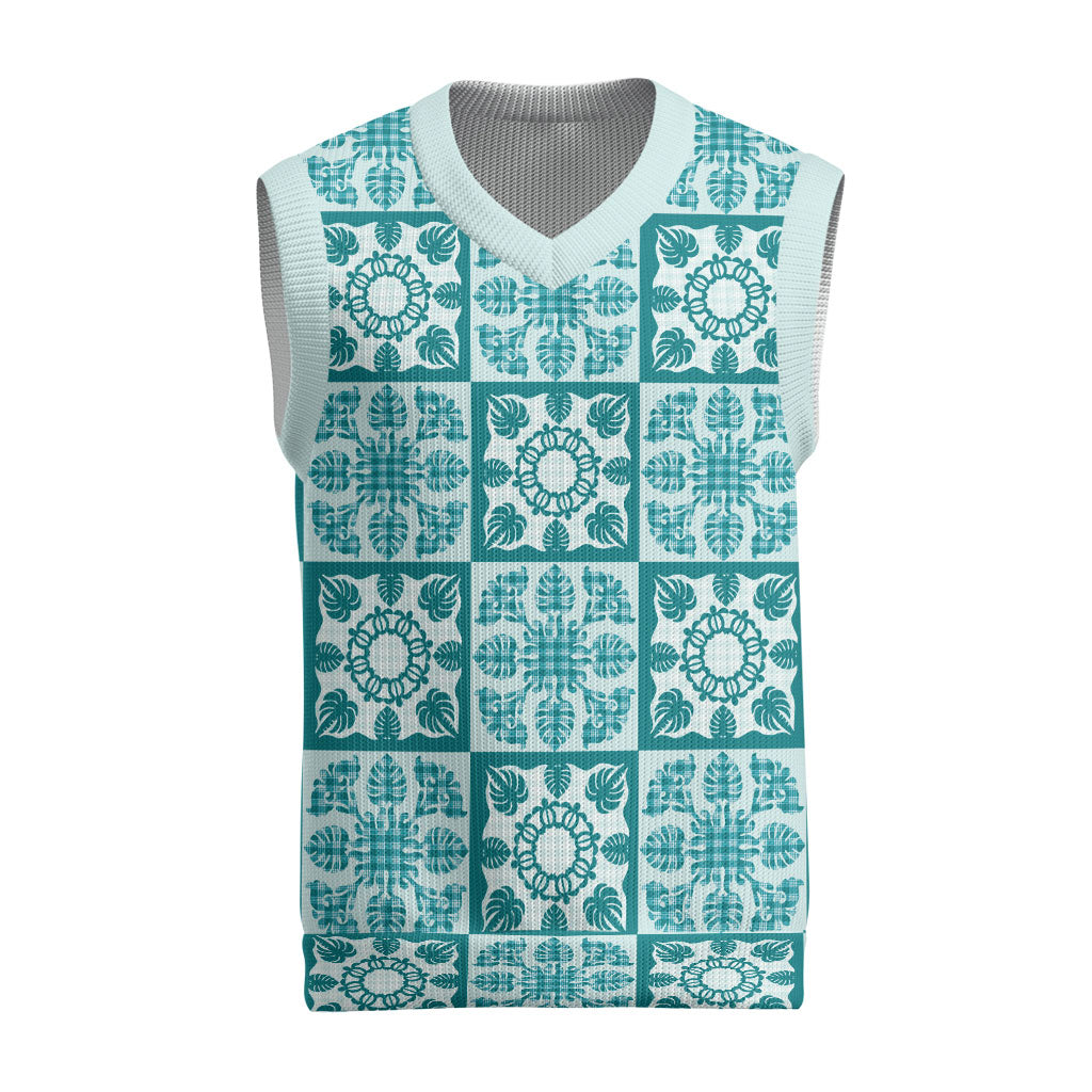 Cyan Palaka Quilt Hawaii Christmas Knitted V-Neck Vest Hawaiian Tropical Monstera Sea Turtle LT14 Cyan - Polynesian Pride