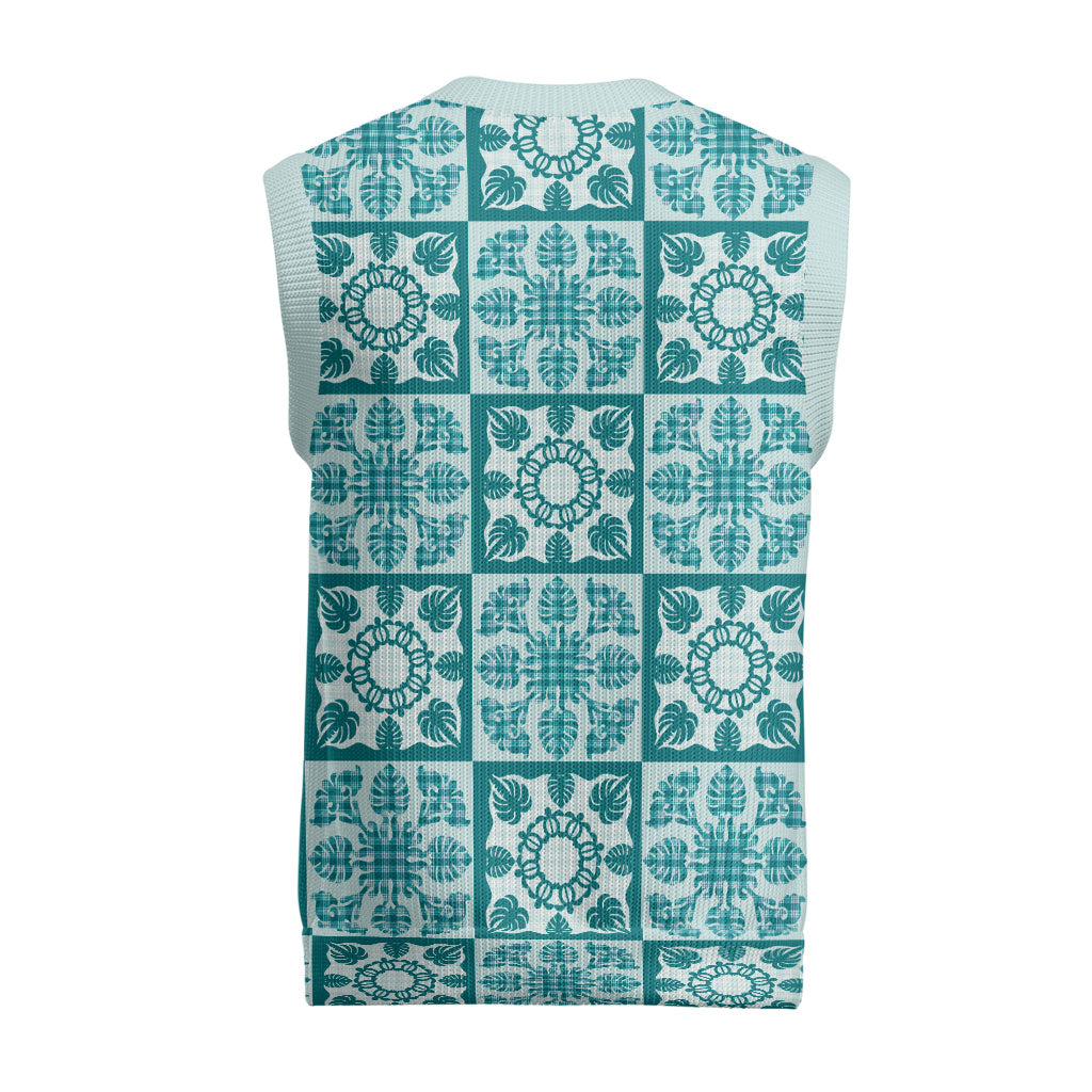 Cyan Palaka Quilt Hawaii Christmas Knitted V-Neck Vest Hawaiian Tropical Monstera Sea Turtle LT14 - Polynesian Pride