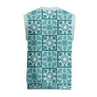 Cyan Palaka Quilt Hawaii Christmas Knitted V-Neck Vest Hawaiian Tropical Monstera Sea Turtle LT14 - Polynesian Pride