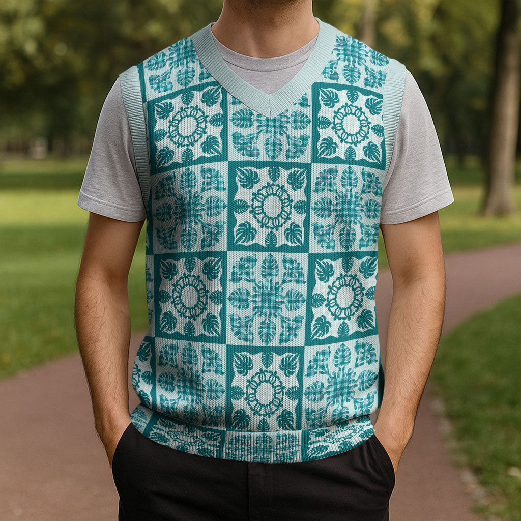 Cyan Palaka Quilt Hawaii Christmas Knitted V-Neck Vest Hawaiian Tropical Monstera Sea Turtle LT14 - Polynesian Pride