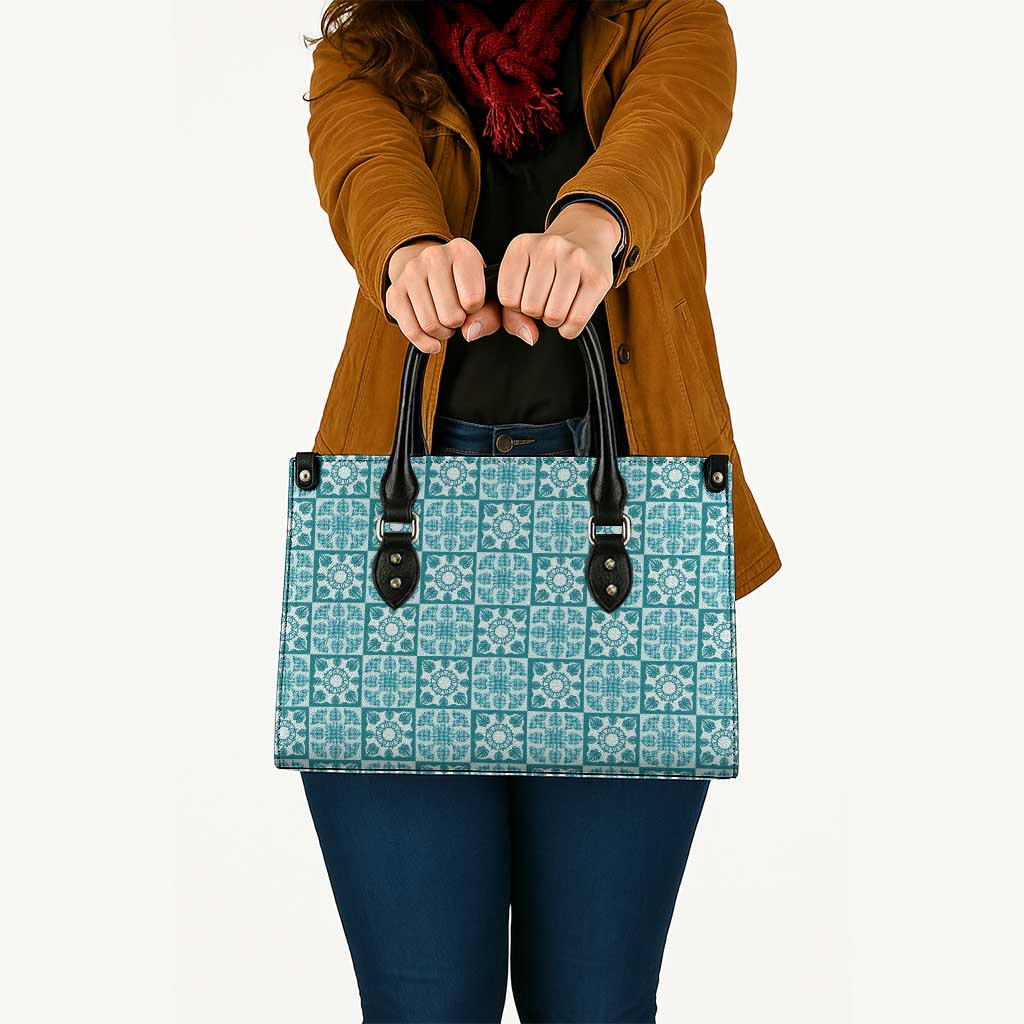 Cyan Palaka Quilt Hawaii Leather Bag Hawaiian Tropical Monstera Sea Turtle